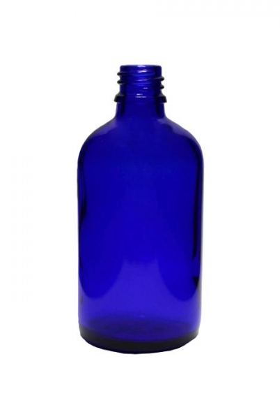 Blauglasflasche 100ml, Mündung DIN18  Lieferung ohne Verschluss, bei Bedarf bitte separat bestellen.